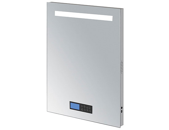 linear interior systems medicine cabinets and backlit mirrors asm am029 bathroom mirror with integrated mp3 player bathroom mirror with integrated clock bathroom mirror with integrated temperature thermistor bathroom mirror with touchscreen mp3 player image