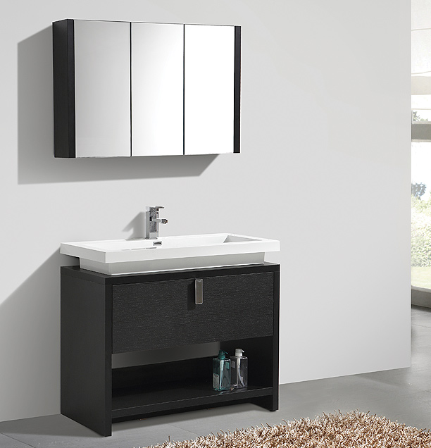bathroom vanity, built-in cast-polymer washbasin, built-in drawers, soft-close drawers, matching 3-door mirror