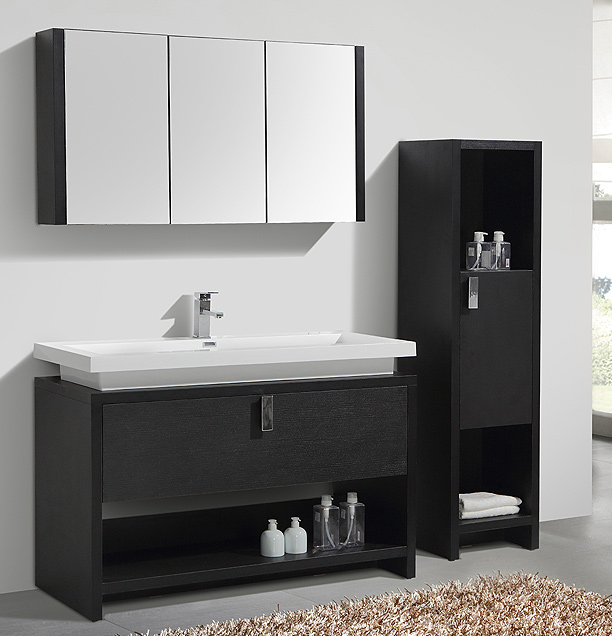 bathroom vanity, built-in cast-polymer extended washbasin, built-in drawers, soft-close drawers, matching 3-door mirror, matching side cabinet
