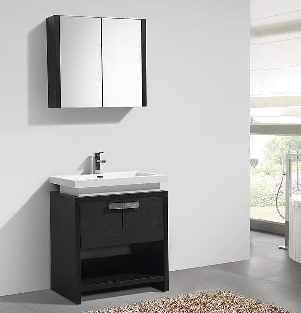 bathroom vanity, built-in cast-polymer washbasin, built-in drawers, soft-close drawers, matching mirror