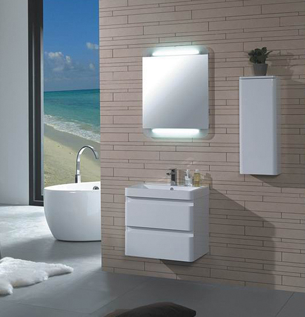 bathroom vanity, cast-polymer washbasin, soft close drawers, matching mirror