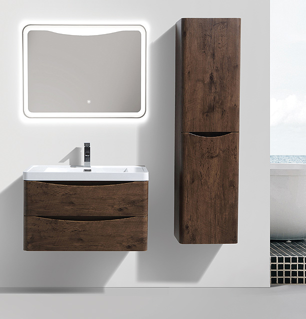 bathroom vanity, built-in cast-polymer double washbasin, built-in drawers, soft-close drawers, matching LED mirror with 3 prong plug