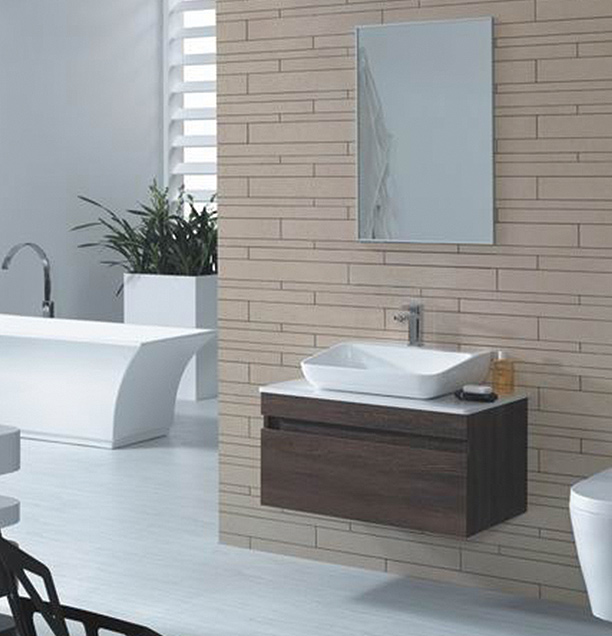 bathroom vanity, basin, built-in drawer, matching mirror