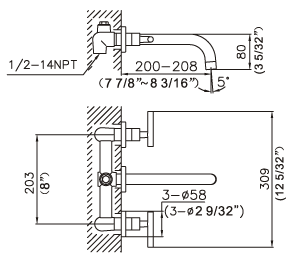 38-298-CR, Double Handle Concealed Washbasin Mixer, Wall Lavatory