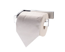 Simple, cleanly designed polished chrome toilet paper holder with concealed surface mounting and lifetime warranty.