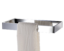 Polished chrome single rectangular towel bar with concealed surface mounting and lifetime warranty.