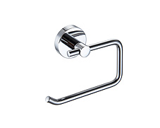 Polished chrome toilet paper holder with circular concealed surface mounting and lifetime warranty.