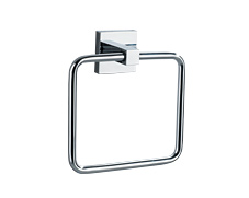 Polished chrome single towel ring, rounded corner square shape with concealed surface mounted design, comes with a lifetime warranty.