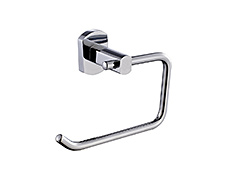 Polished chrome toilet paper holder with circular concealed surface mounting and lifetime warranty.